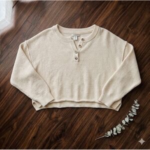 Sincerely Jules Cropped Waffle Knit Henley Sweater Cream Medium Long Sleeve